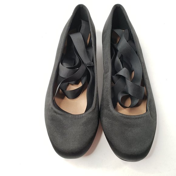 Asos Ribbon Ballerina Flats Sz 5 Black Satin Wrap Around Ankle Tie Ballet Shoes - Picture 3 of 11